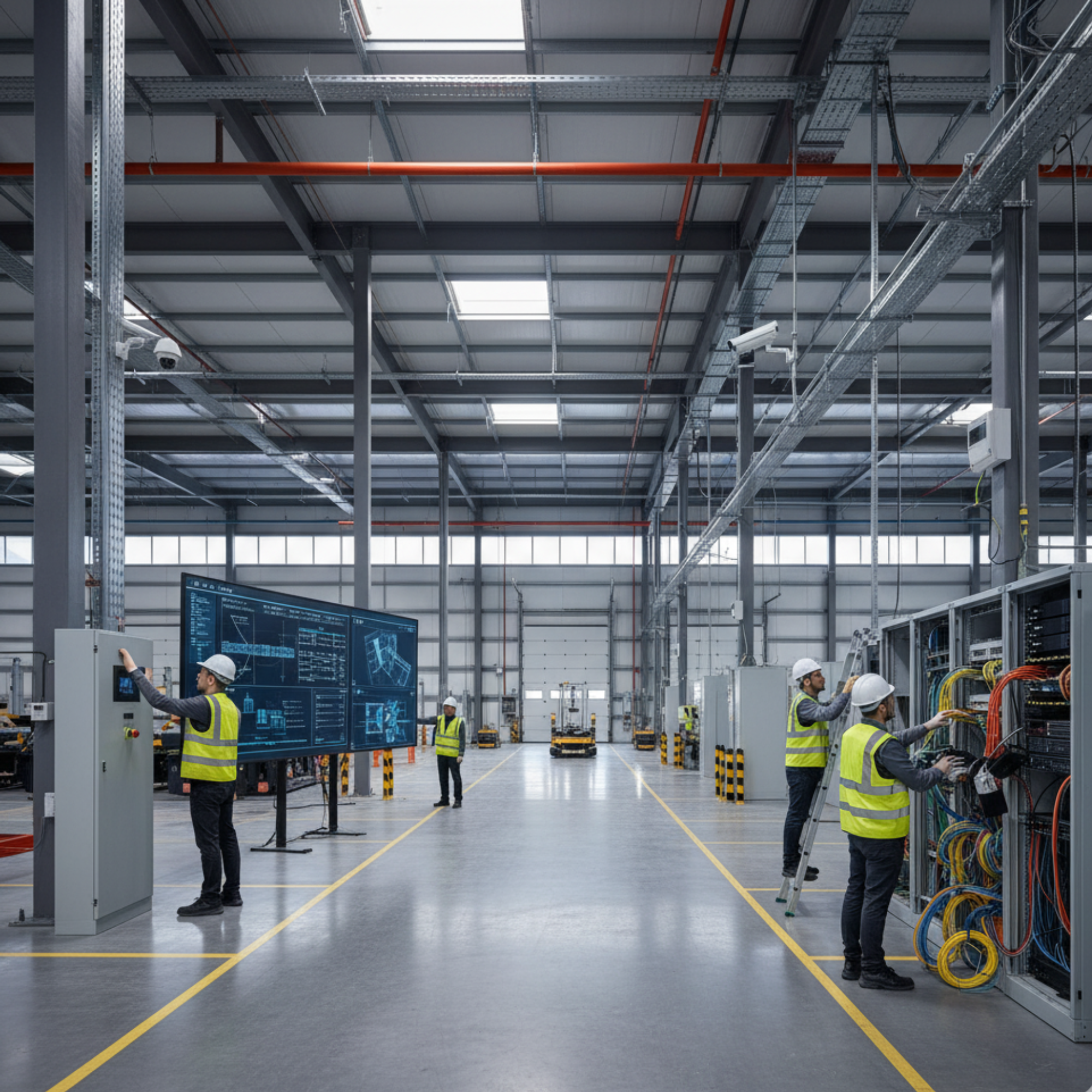 Modern warehouse interior solutions with organized racking, optimized layout, LED lighting, and industrial infrastructure for efficient storage and operations