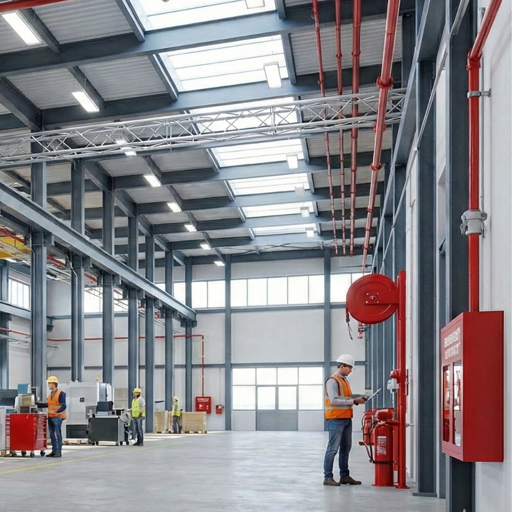 Advanced industrial fire safety systems including detection, alarms, sprinklers, and hydrants installed in a modern facility.