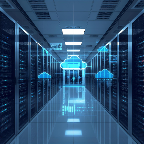 Modern server room with cloud icons showcasing BuildMyInfra’s IT Infrastructure Services, IT Solutions, and IT Systems.